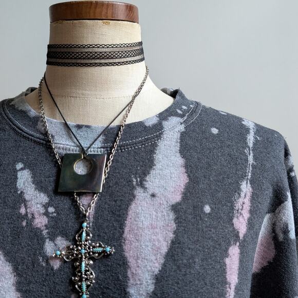 Vintage Black Custom Bleach Sweatshirt Distressed Tie Dye Festival Sweater Large - Picture 7 of 8